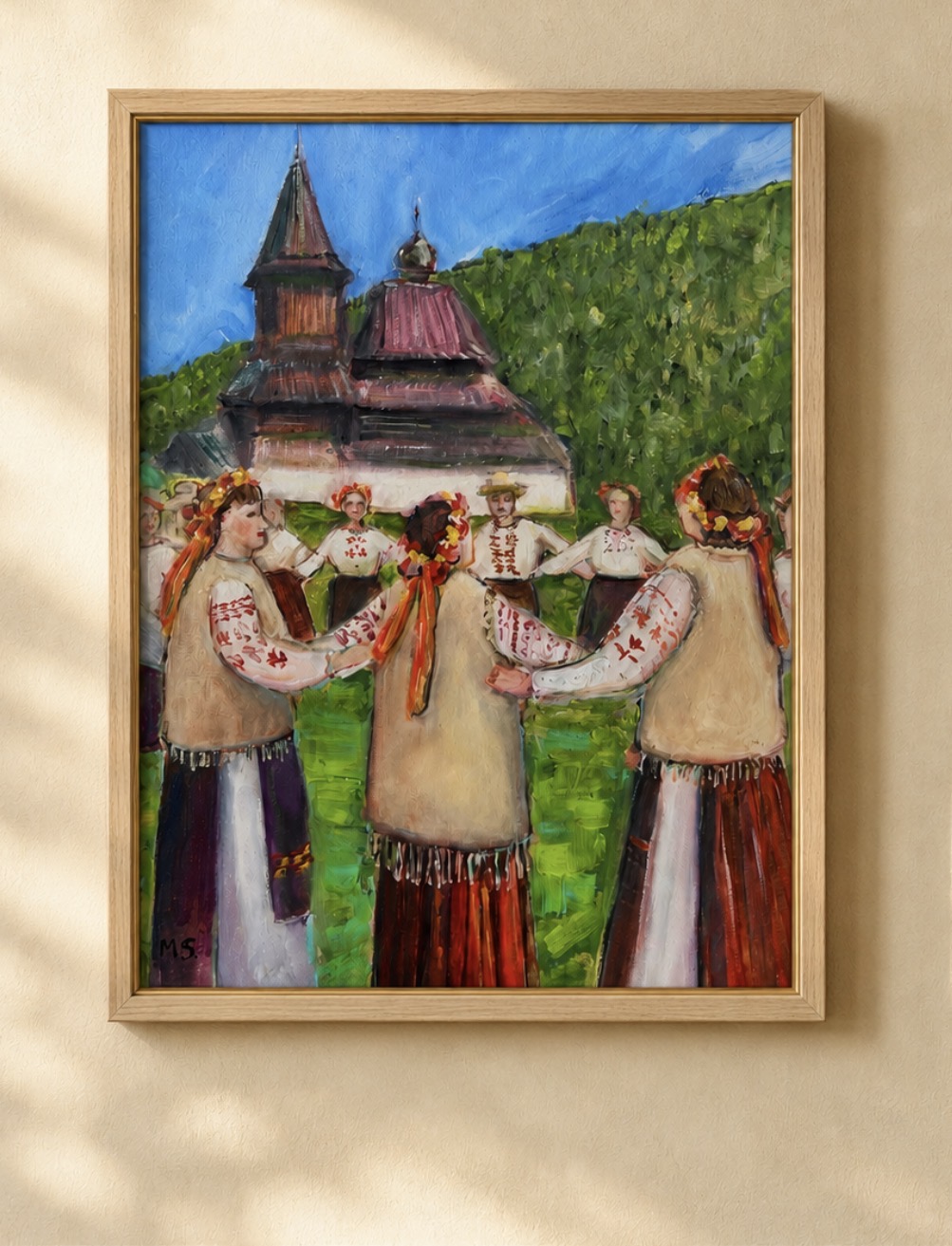 Interior visualisation of Ukrainian Spring Round Dance Haivka by Marina Stognieva framed on a wall